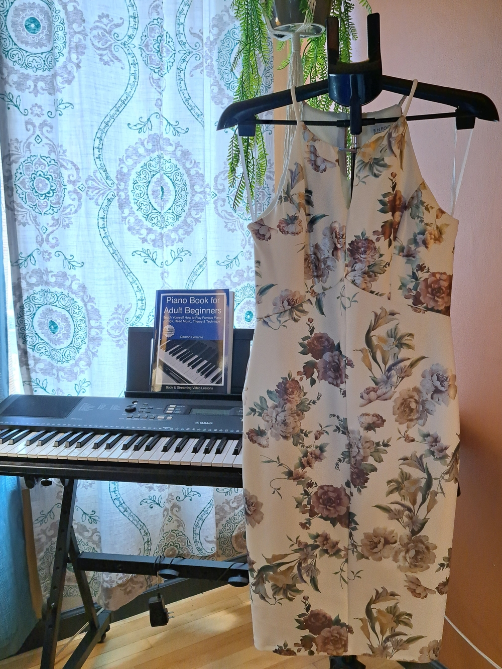 Enfocus Studio Cream Floral Halter Sheath Dress with Purple and Green Accents